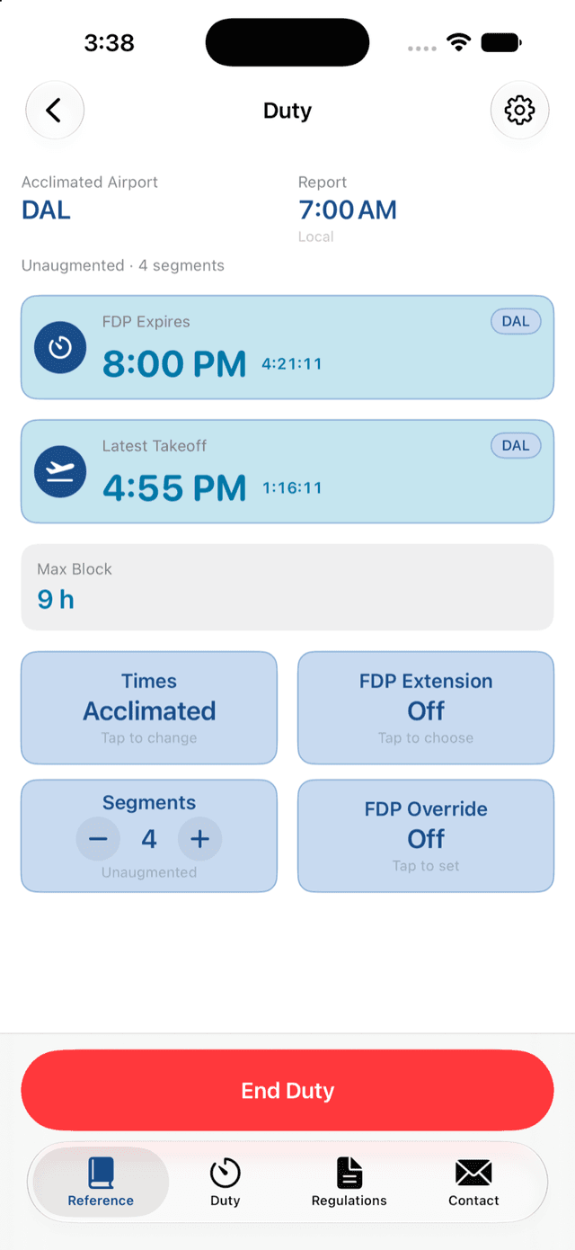 Active duty screen with a live countdown to FDP expiration and latest takeoff time