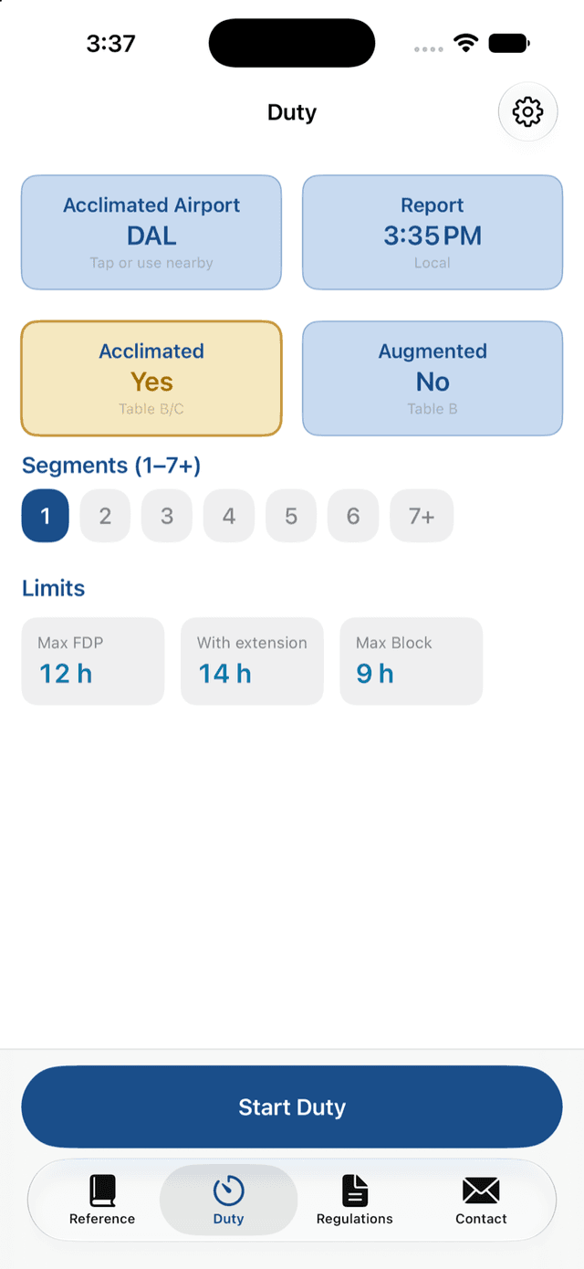 Duty setup screen showing report time, acclimation, segments, and maximum FDP limits
