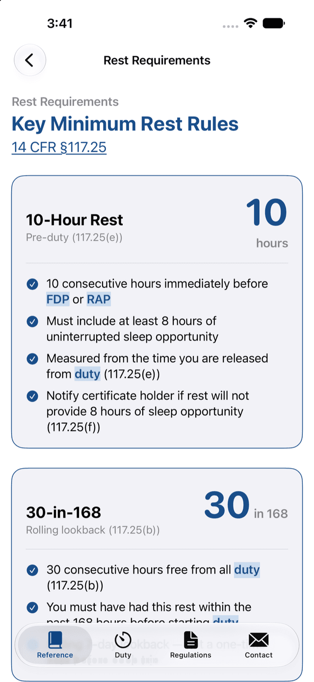 Rest Requirements reference detailing the key minimum rest rules